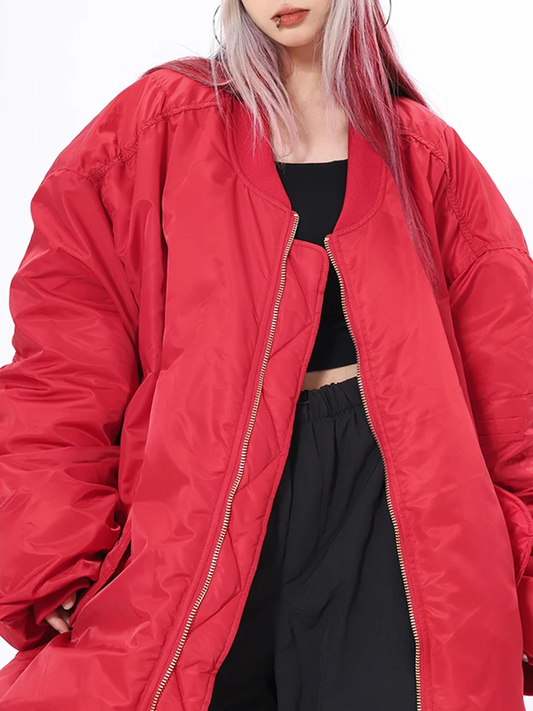 Shengpalae moda vermelho algodão-acolchoado casaco o pescoço feminino inverno solto manter quente engrossar zíper outerwears casacos 2024 novo 5g324