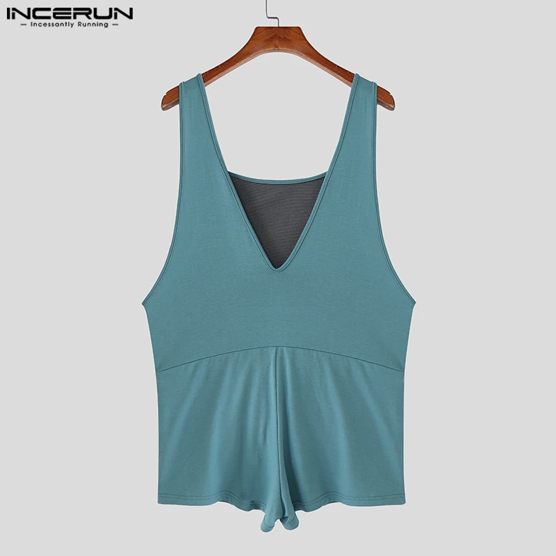 ผู้ชายBodysuitsตาข่ายPatchworkดูผ่านเซ็กซี่O-คอแขนกุดชายPlaysuits 2025 Lace Up Rompersบอดี้สูทStreetwear INCERUN