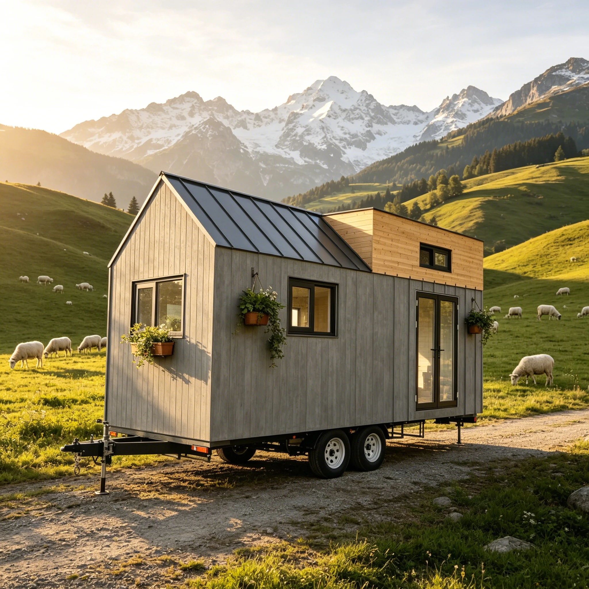Prefab Tiny Modular Home on Wheels With Stairs, For Minimalist Living & Simplified Lifestyle For Downsizing Individuals
