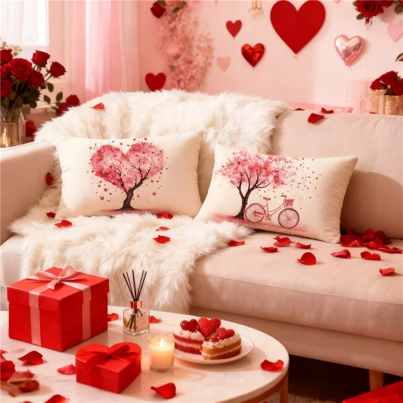 VIKAMA 2026 New Valentine's Day Heart-Print Reversible Cushion Cover Living Room Sofa Bed Headboard Cushion Cover Home Decor