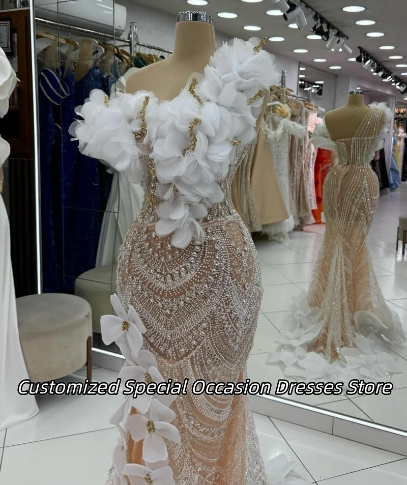 الشمبانيا الترتر قبالة الكتف فساتين السهرة للنساء رائعة مطرز الزهور حفل زفاف فستان فساتين حفلات مخصصة