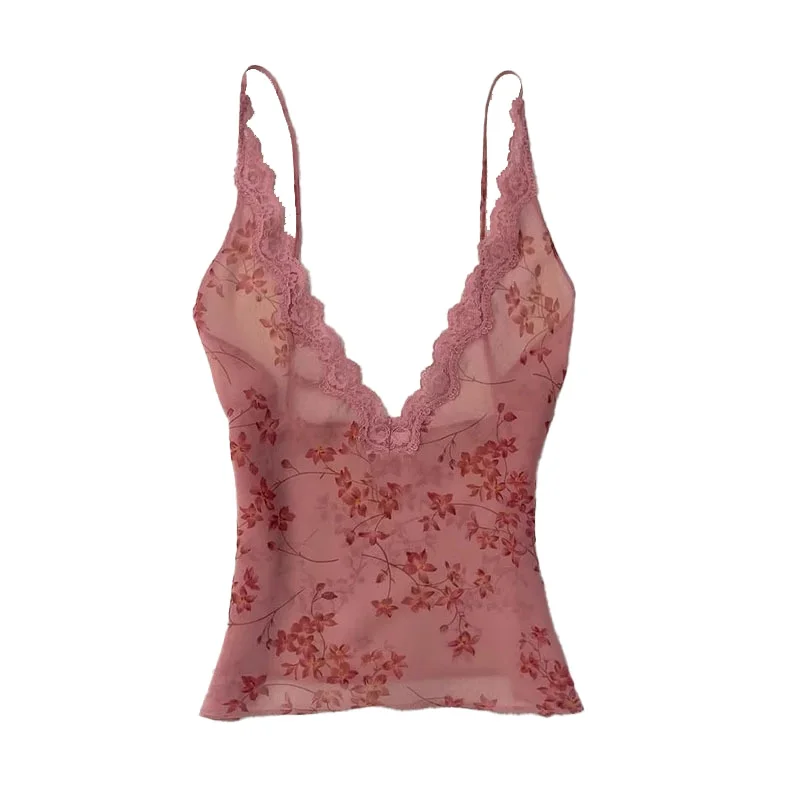 Summer Floral Halter Lace Women's Clothing Vintage Sexy Slim Fairy Korean Gentle Fashion Female Tops Outfits Elegant Style Tank