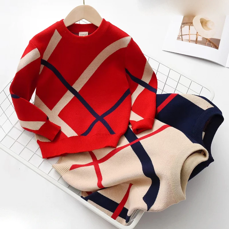 New Autumn Winter Children\'s Sweater Underlay T-Shirt Round Neck Double Layer Cotton Stripe Small and Medium Sweater