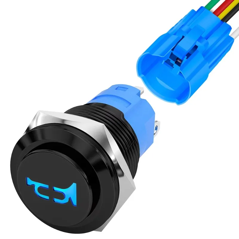 16mm IP67 Waterproof Momentary Metal Push Button Switch 5 Pin Black Shell With Horn Pattern Illuminated On-Off Control Switch