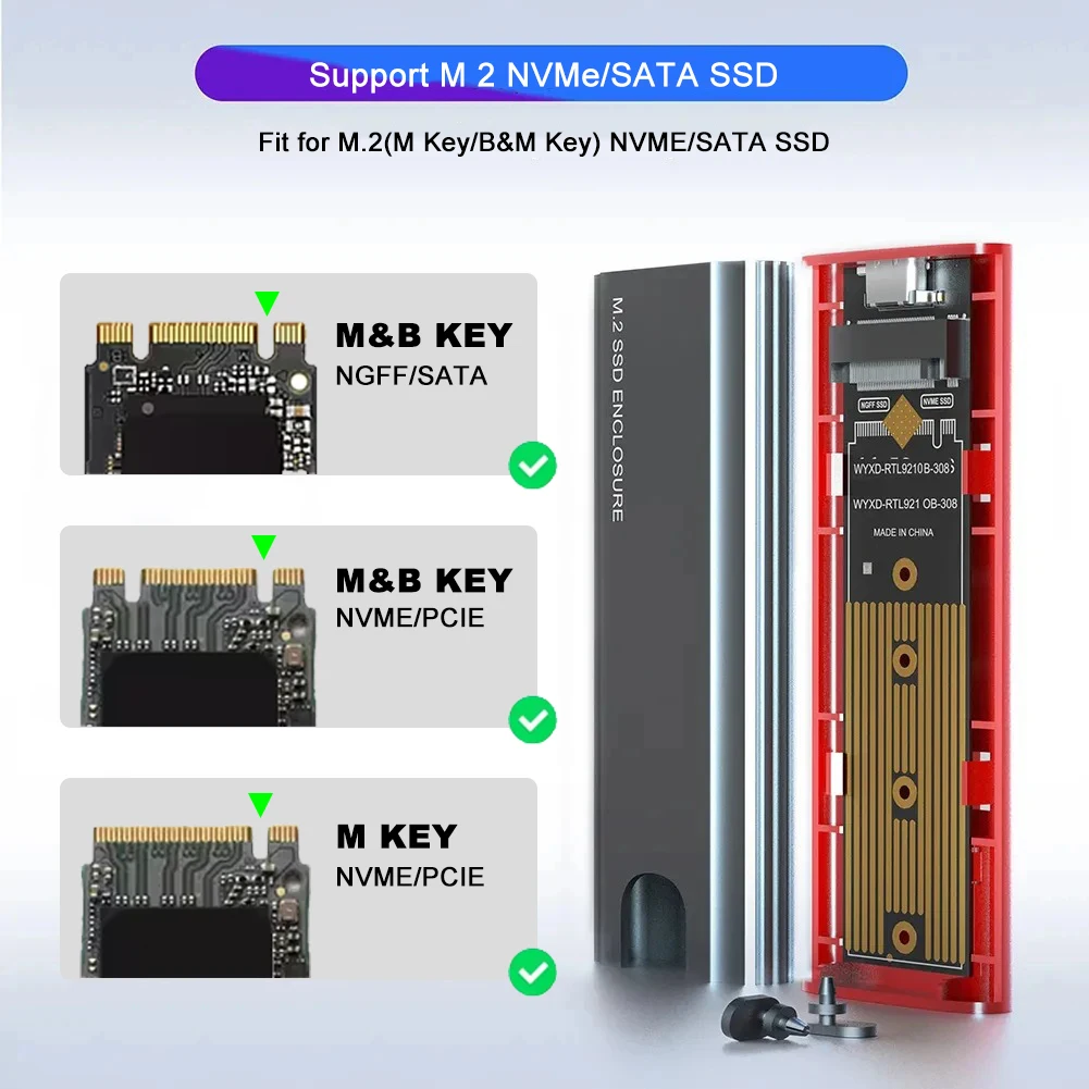 Caja de disco duro M.2 de 10Gbps, protocolo Dual NVME/NGFF SATA SSD, adaptador externo tipo C 3,1, aleación de aluminio M2, SSD, herramienta gratuita
