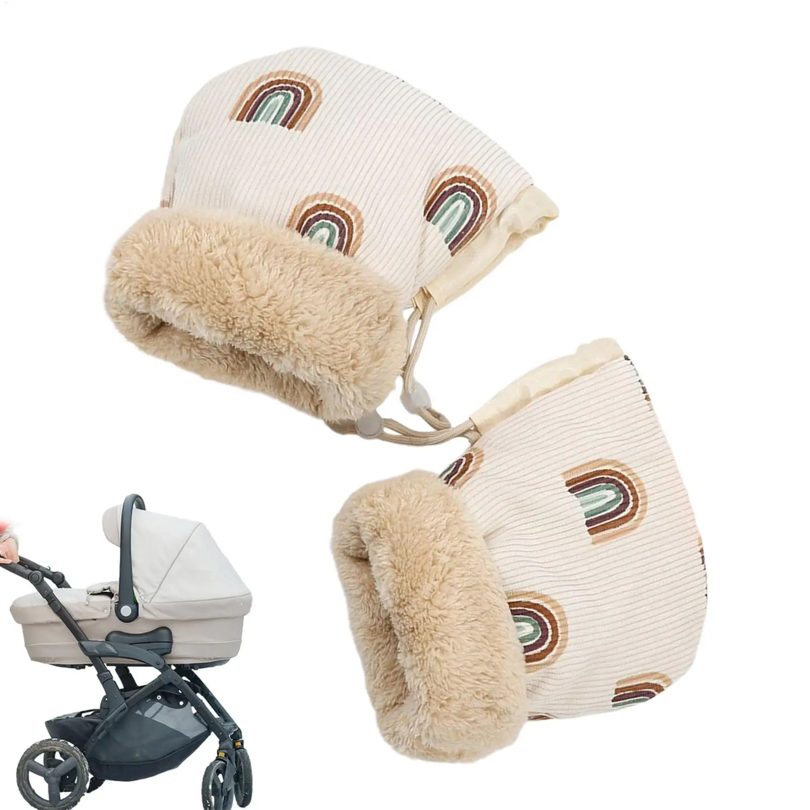 Stroller Gloves for Kids Plush Lined Windproof Hand Muff Warm with Rainbow Pattern for Baby Pushchair Pram Winter Outdoor Walk