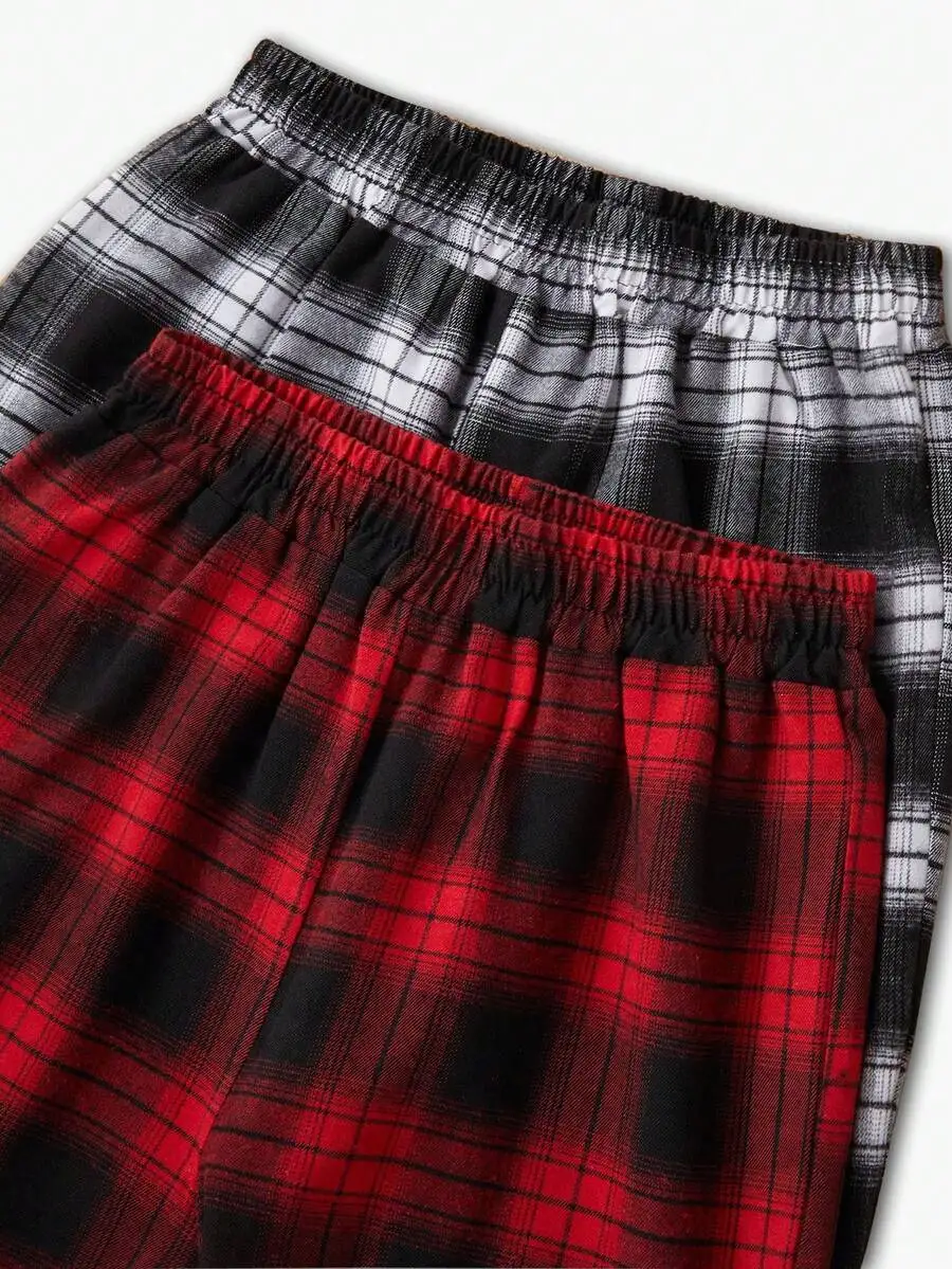 2pcs Women Plaid Flannel Pajama Pants Set For Fall Winter