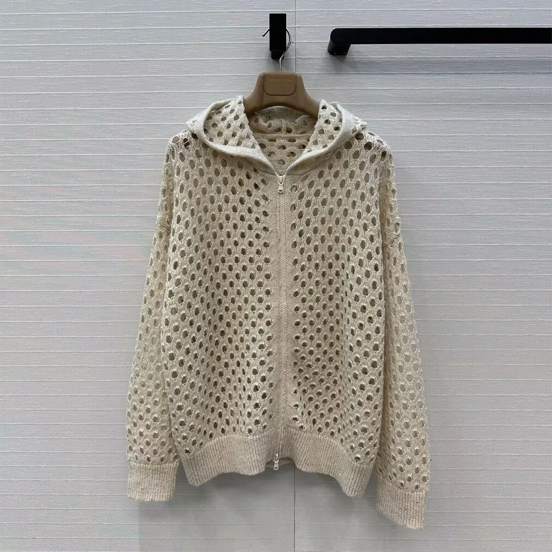 

2025 New Fashion Hollow Out Sequins Mohair Cardigan Women Hooded Long Sleeve Autumn Cute Loose Solid Color Knitted Sweater