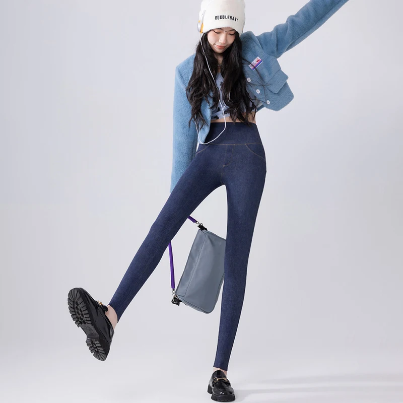 Pantalones vaqueros de imitación de cintura alta para mujer, mallas informales elásticas ajustadas para levantar la cadera, pantalones vaqueros de lana para otoño e invierno, mallas de Yoga