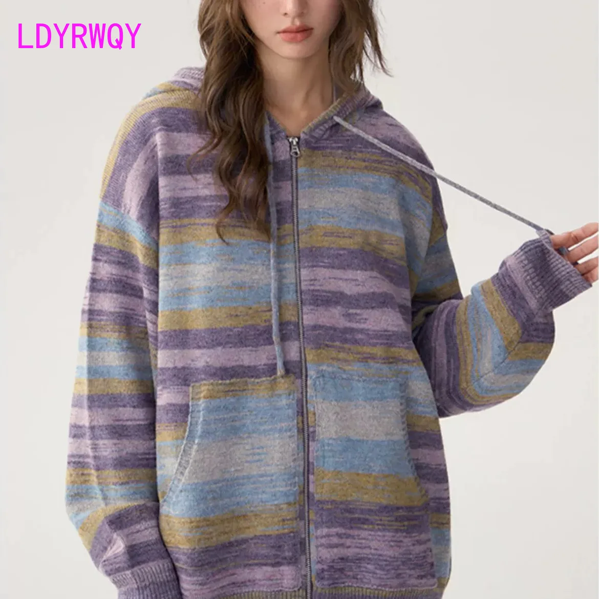 

Early Autumn Striped Hooded Sweater Women's Style Long Sleeve Coat Design Pocket Cardigan Top Mid length