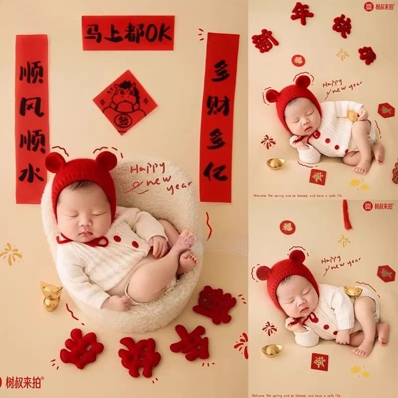 

2026 Horse New Year Newborn Photography Props White Knitted Outfit with Red Hat Spring Festival Couplets for Studio Photoshoot