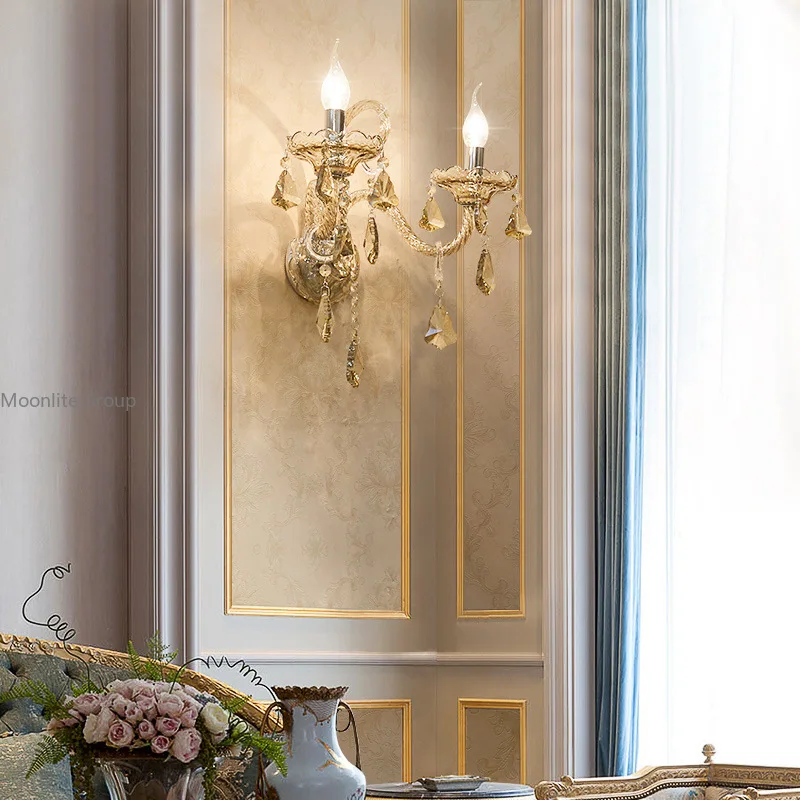 European Crystal Wall Sconce Cognac Color Candle Wall Sconce Living Room Romantic Bedroom Decorative Wall Lighting