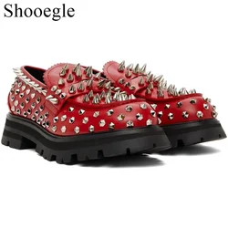 Newest Fashion Men Handmade Studs Spike Shoes Red Loafers Shoes Runway Rivets Party Wedding Shoes