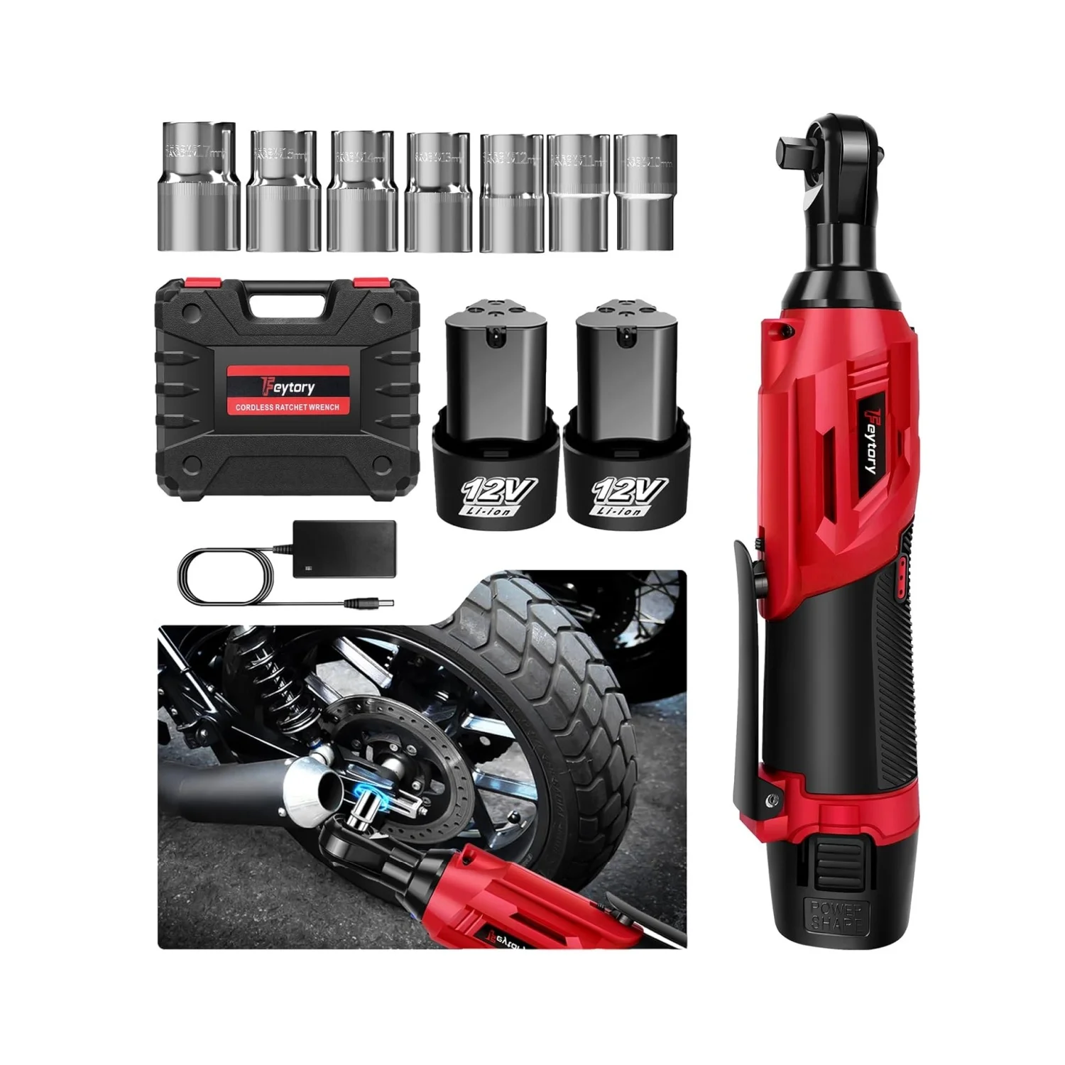 Electric Ratchet Wrench Set Rechargeable Cordless Ratchet Wrench Set Electric Wrench Motorcycle Repair Tools Red Black