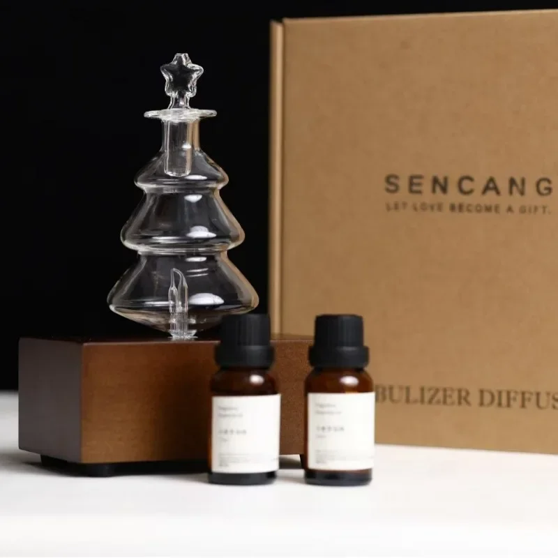 Difusor de aceite esencial de vidrio para árbol de Navidad recargable, lámpara de aromaterapia, nebulizador de 2600mah, luz nocturna aromática, fondo de madera