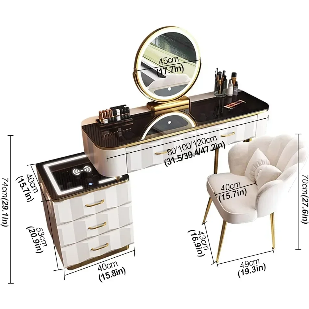 Makeup Vanity Desk with LED Mirror and Lights, Modern Dressing Table with 5 Drawers and Leather Stool, Luxury Makeup Table