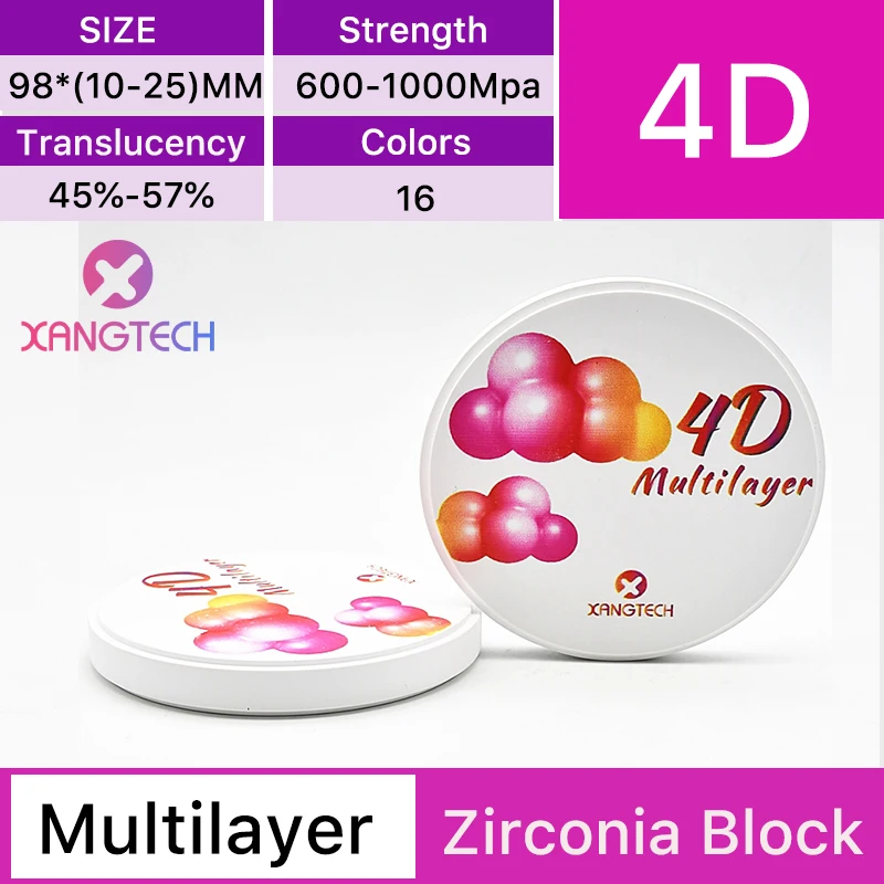 

XANGTECH 4D Multilayer Zirconia Blocks Zirconium Disk Thickness 10-16mm Dental Lab Material CAD CAM 98mm System Vita 16 colors