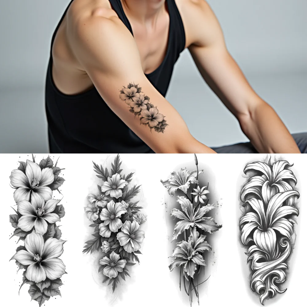 

12pcs Temporary Tattoo Daisy Bunch Waterproof Long-lasting Body Stickers Ornamental Leaves Blooming Bouquet For Back Male