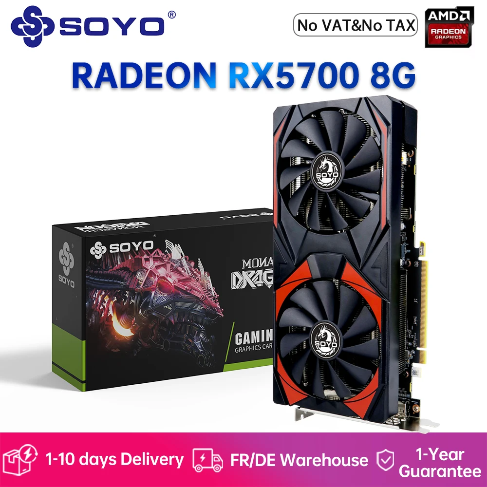 Carte graphique SOYO Radeon RX5700 8G, mémoire GDDR6, compatible HDMI DP PCIE 16x4.0, carte vidéo de jeu AMD pour ordinateurs de bureau