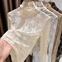 Sexy Women Long Sleeve Lace Blouses High Collar Inner Wear Lace Crochet T Shirt Base Tunic Top Perspective Vintage Bottom Blouse 4