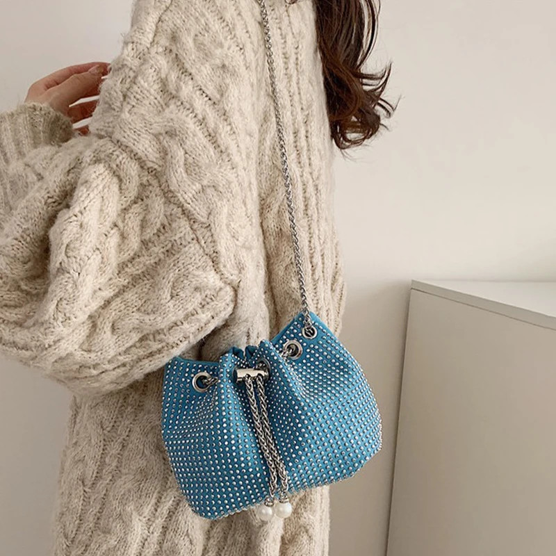 New Fashion Sequins Pearl Chain Solid Color Bucket Bag Shoulder Crossbody