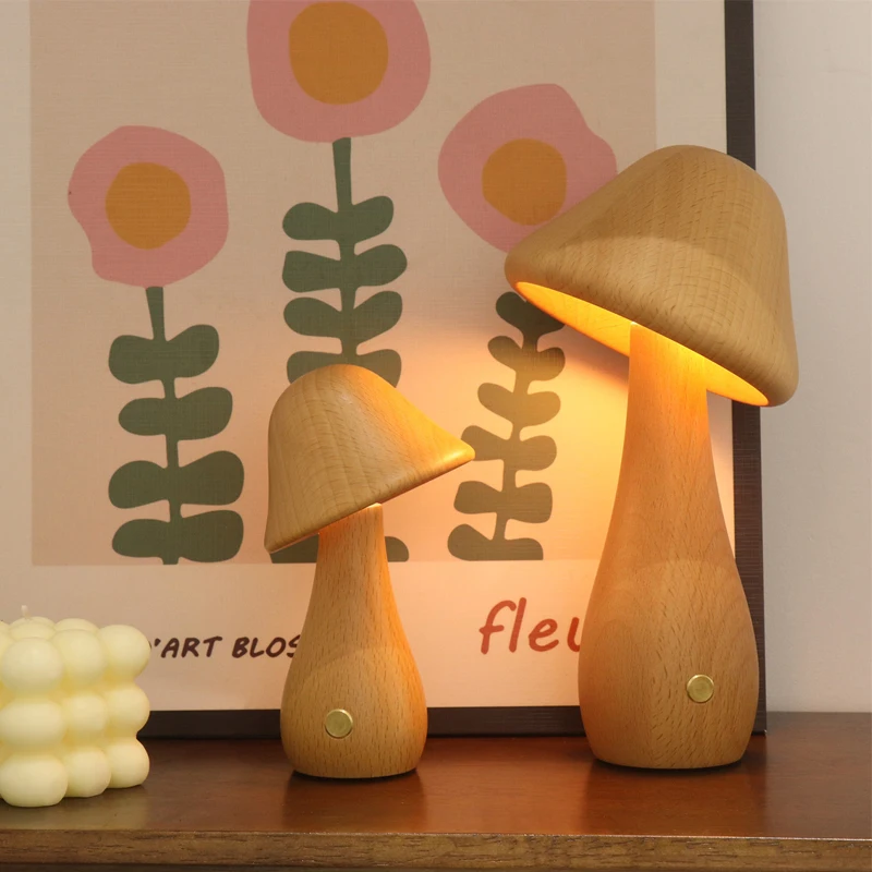 

Mushroom Table Lamp Wooden Desk Lamps Touch Sensor Rechargable Wireless Night Lights Bedroom Bedside Bar Stand Light Fixtures