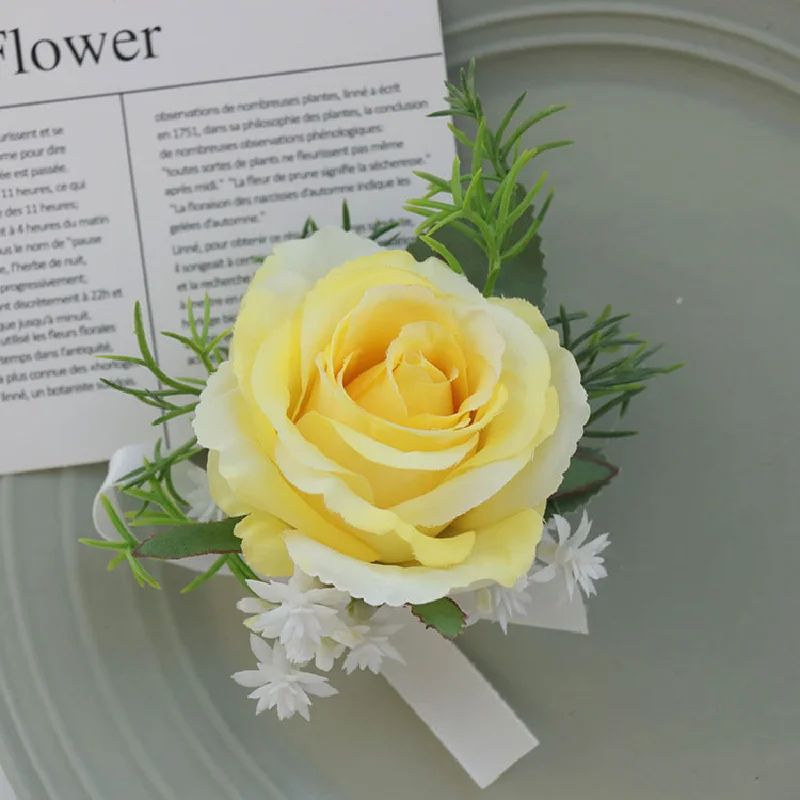 Boutonniere y ramillete de muñeca, suministros de boda, banquete, invitados, flores simuladas, novia y novio, amarillo, 519