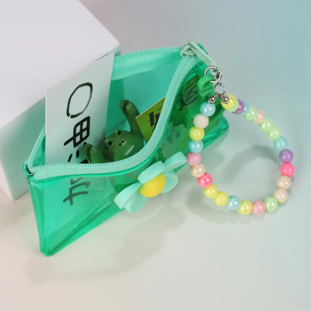 Hot Sale Flowers Coin Purse Card Holder Bag Wallet Storage Pouch Transparent Key Bag Pouch Zipper Portable PVC With Bead Chain
