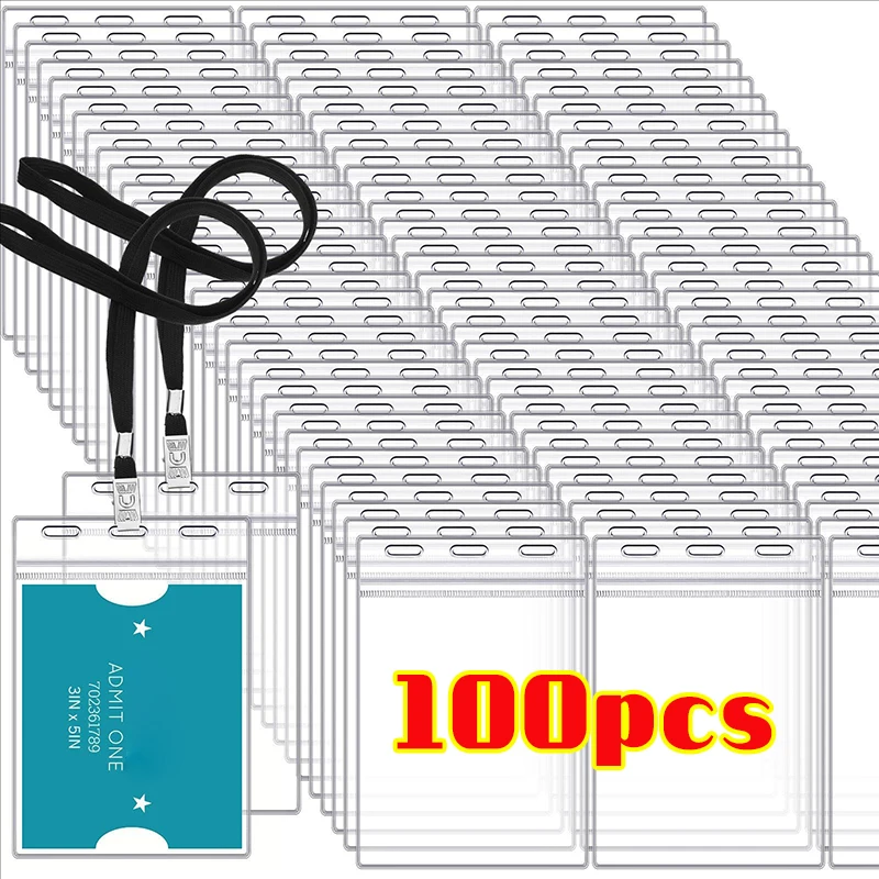 100pcs ID Card Name Badge Holder Waterproof Card Protector IDCard Credit Collect Vertical Sleeve Pouch Office School Supplies