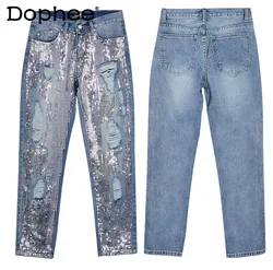 Street Loose Straight-Leg Denim Cropped Pants 2024 Spring Summer Sequins Embedded Make Old Blue Ripped Jeans for Women