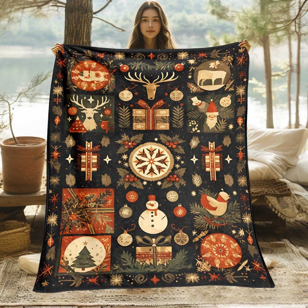 Black Background Gold Red Reindeer Snowman Gift Collage Soft Cozy Throw Blanket for Sofa Bed Vintage Noel