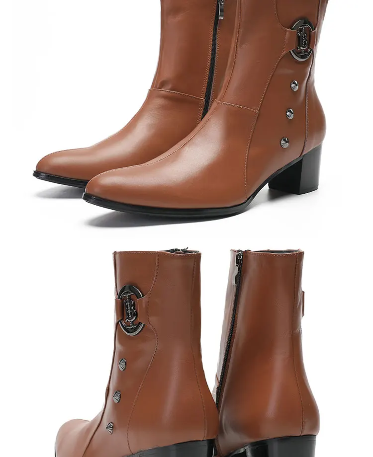 Frühling andAutumn Männer hochhackigen Quadratische kopf Bühne Laufsteg Hochzeit Stiefel top schicht rindsleder Starke Ferse Partei Heighten männer der Stiefel – Detail 4