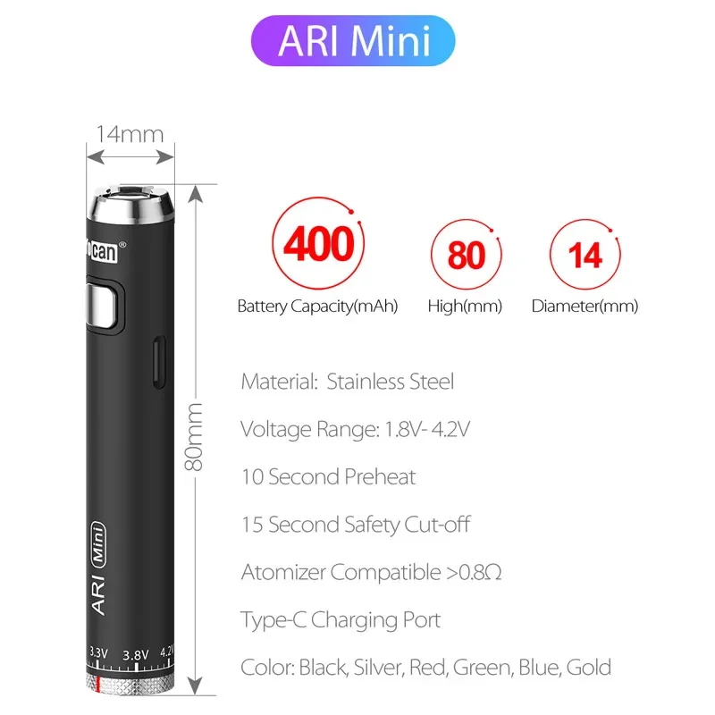 Original Yocan ARI Mini Vape Mod Battery 14mm 400mah Preheat Variable Voltage VV Batteries for 510 Thread Cartridges 20pcs Box