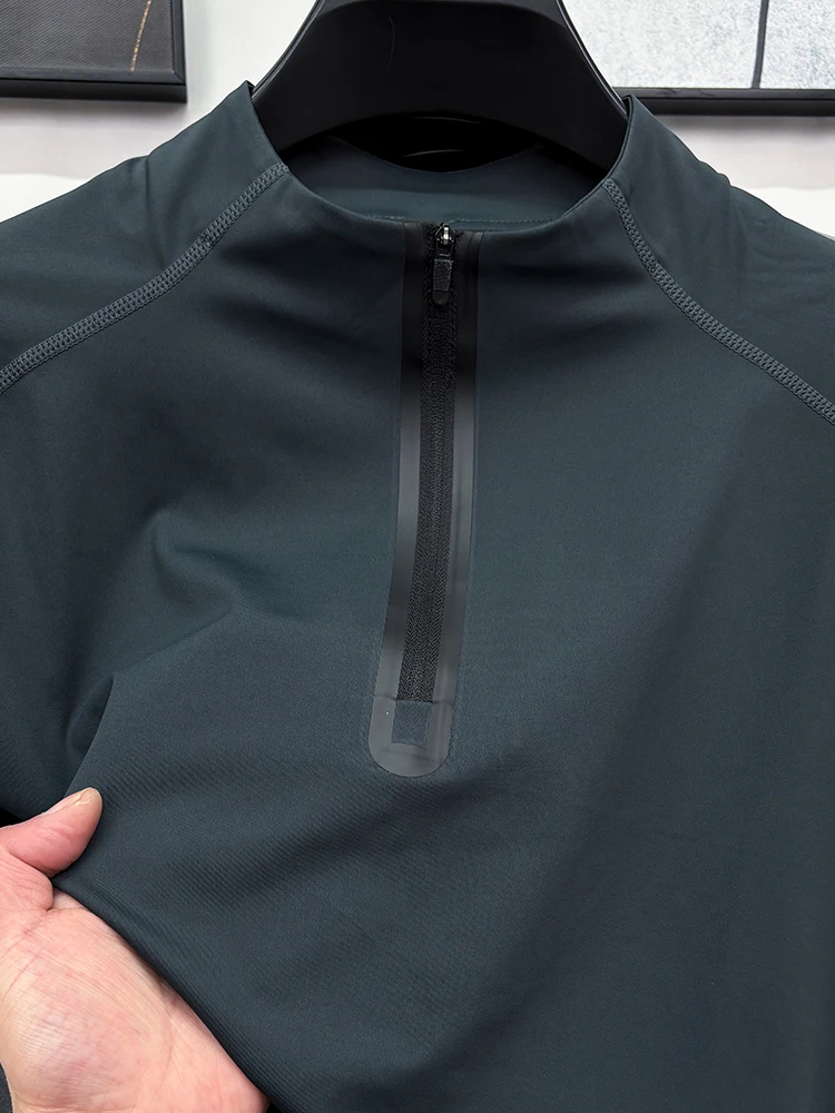 

Мужская тонкая быстросохнущая футболка с длинным рукавом, на молнии, с воротником-стойкой, легкая, для активного отдыха, спорта, городского стиля, из полиэстера.