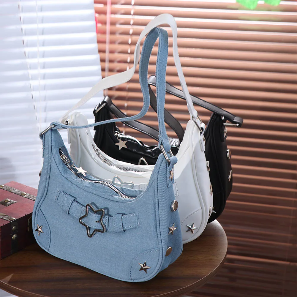 

Ретро-сумка через плечо однотонная с звездами, в корейском стиле, женская сумка-хобо, сумка Y2K, повседневная сумка на плечо