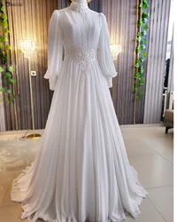 A-Line High Neck Muslim Wedding Dresses Bride Long Sleeves Chiffon Lace Bridal Gowns Pearls Arabic Dubai Robe De Mariée