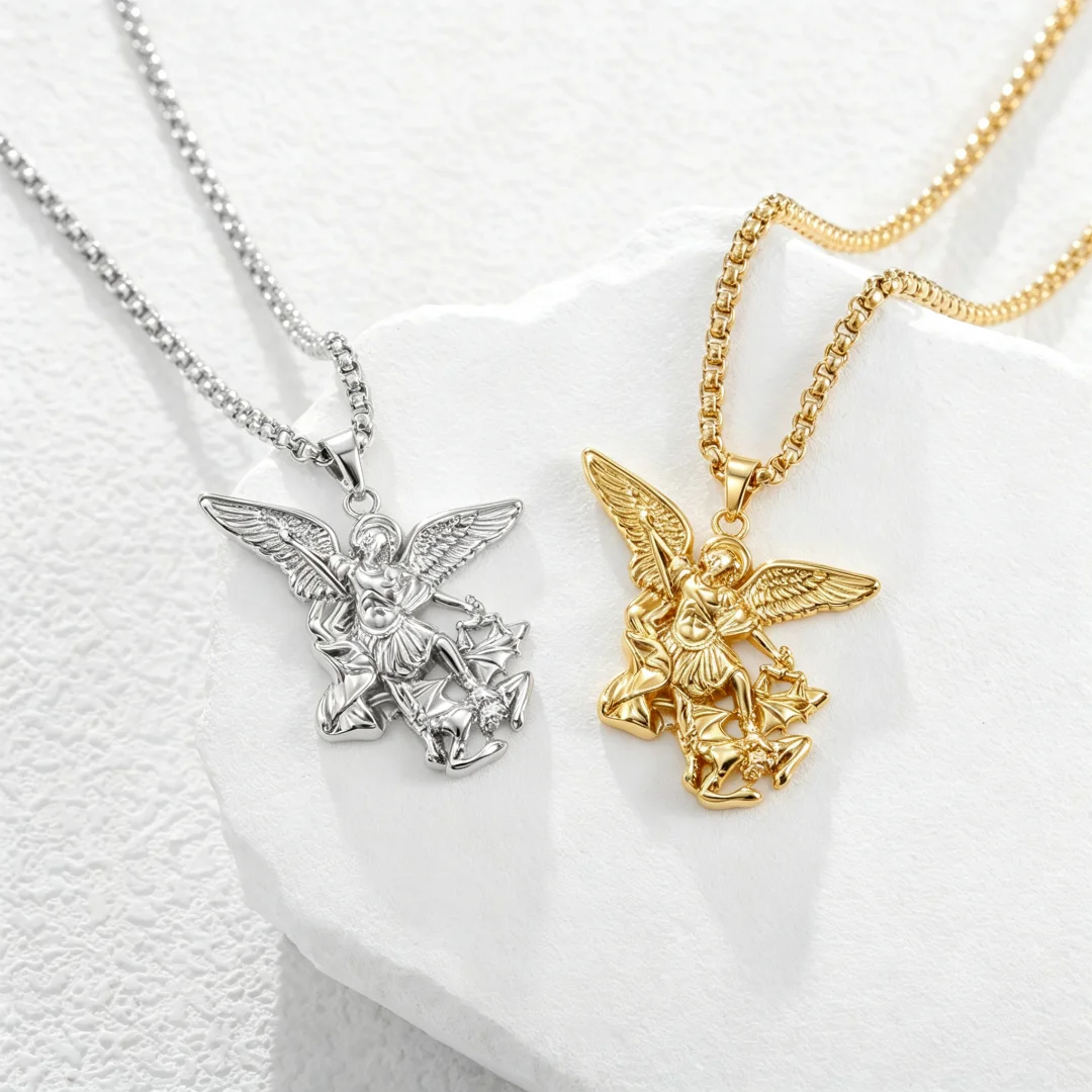 Saint Michael The Archangel Necklace 3D Angel Figure Pendant Defeat Evil Stainless Steel Religious Protection Neck Ornament
