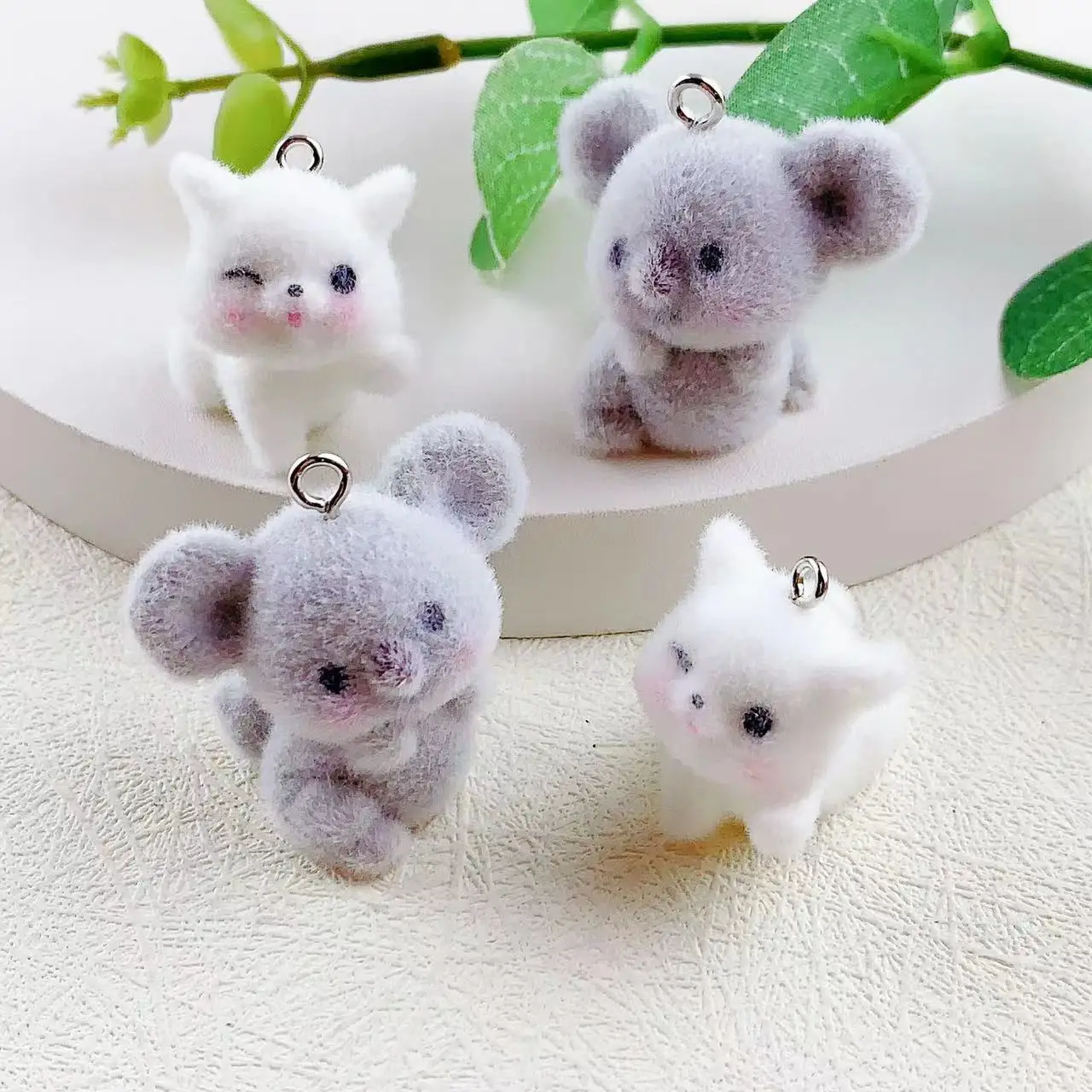 30Pcs 3D Cartoon Animal cat Charms Cute Koala Flocking Doll Pendant for Keychain Necklace Earring Bag DlY Jewelry Make