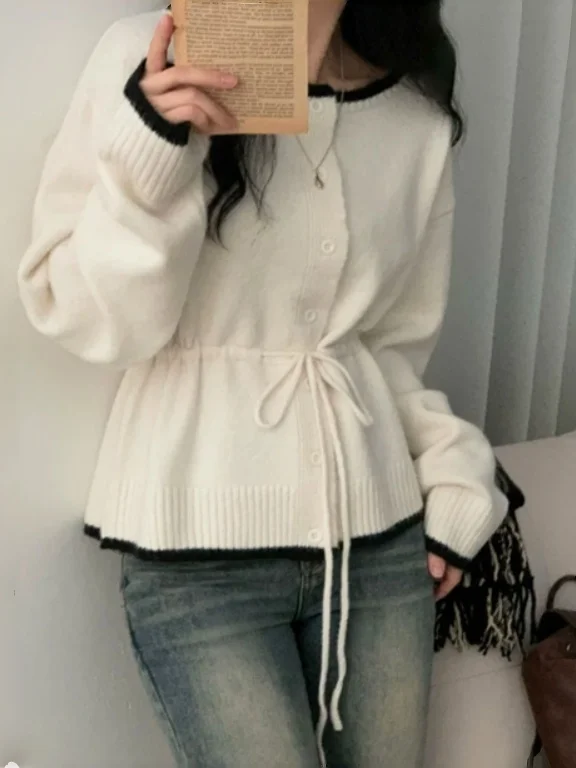 Chic Simple Style Women's Long Sleeve Knitted Sweater round Neck Waist Cinched Slim Fit Casual Comfortable Medium Softness