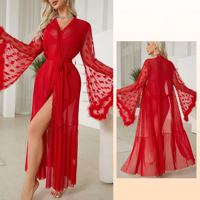 

Sexy Mesh Lace Lingerie Cardigan Sleepwear Robe Women's Bathrobe Home Clothes Loose Long Sleeve Ladies Night Wear Wedding Dress