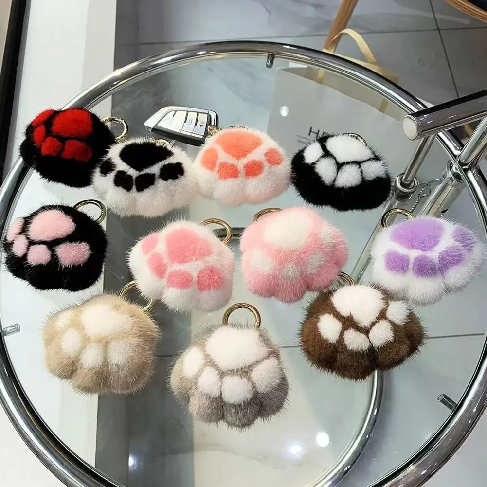 Cat Paw Pendant Keychain Couple Keychain Fluffy Faux Fur Keychain Charm Cute Soft Plush Toy Key Ring Backpack Car Key Pendant