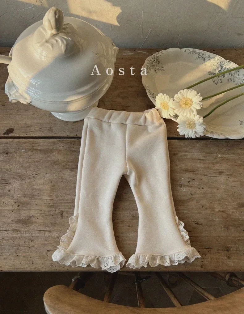 Baby Clothing Girls Pants 2023 Autumn and Winter Korean Style Velvet Lace Casual Simple Princess Sweet Warm Solid Color Pants