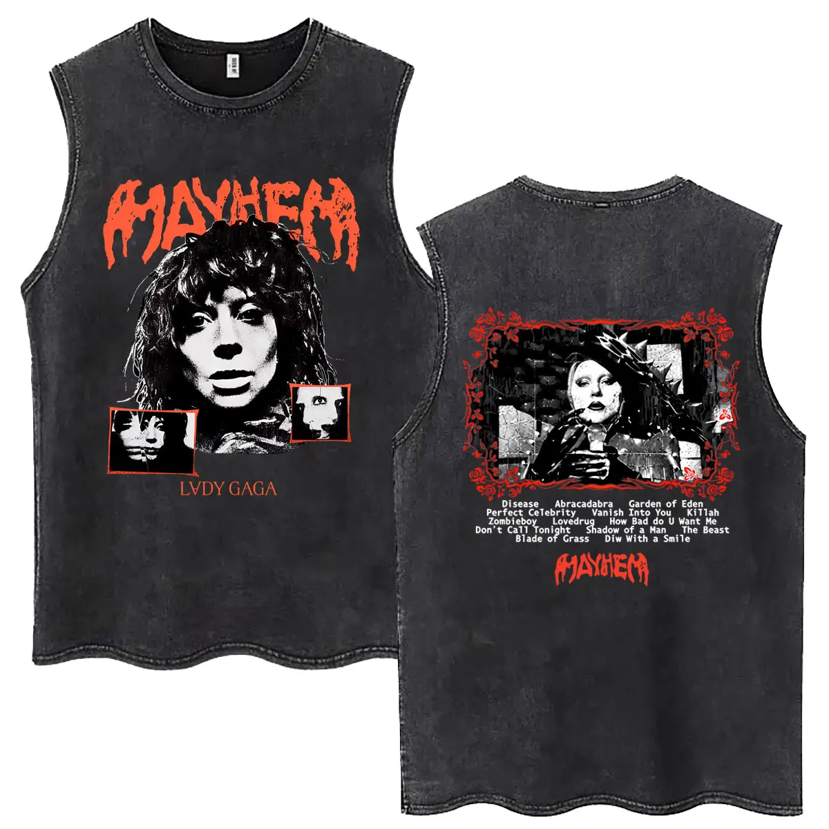 Lady Gaga The Mayhem Ball Tour 2026 Vintage Washed Tank Tops Men Women Fashion High Quality Sleeveless T-shirt Cotton T Shirts
