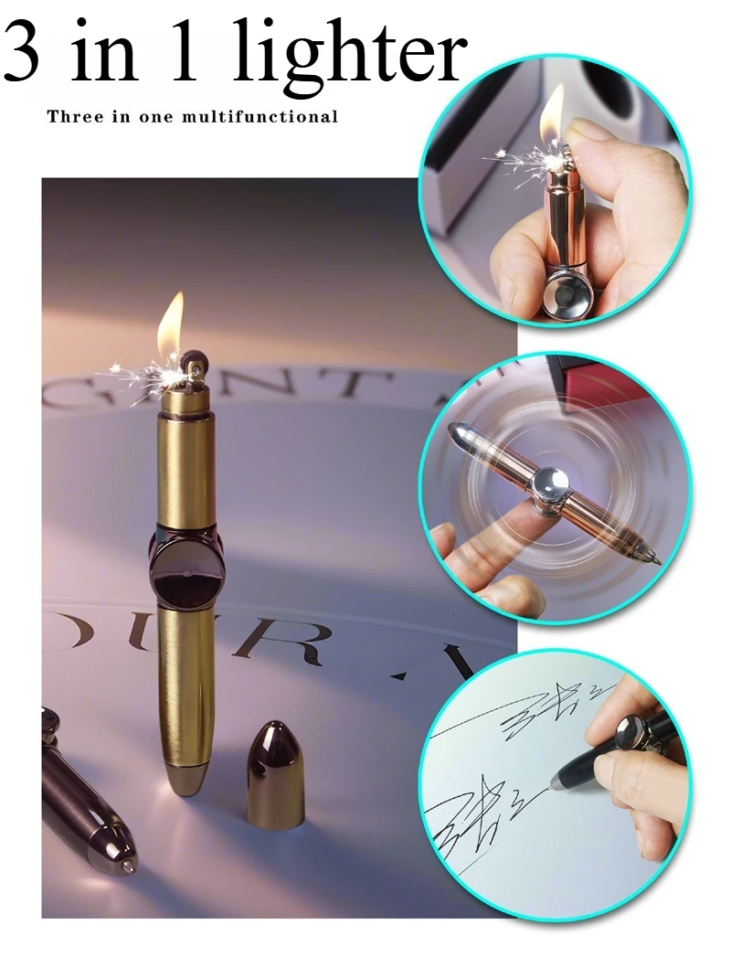

New 3 in 1 Gyro Pen Grinding Wheel Lighter Multifunctional Decompression Pen Rotating Gyro Lighter