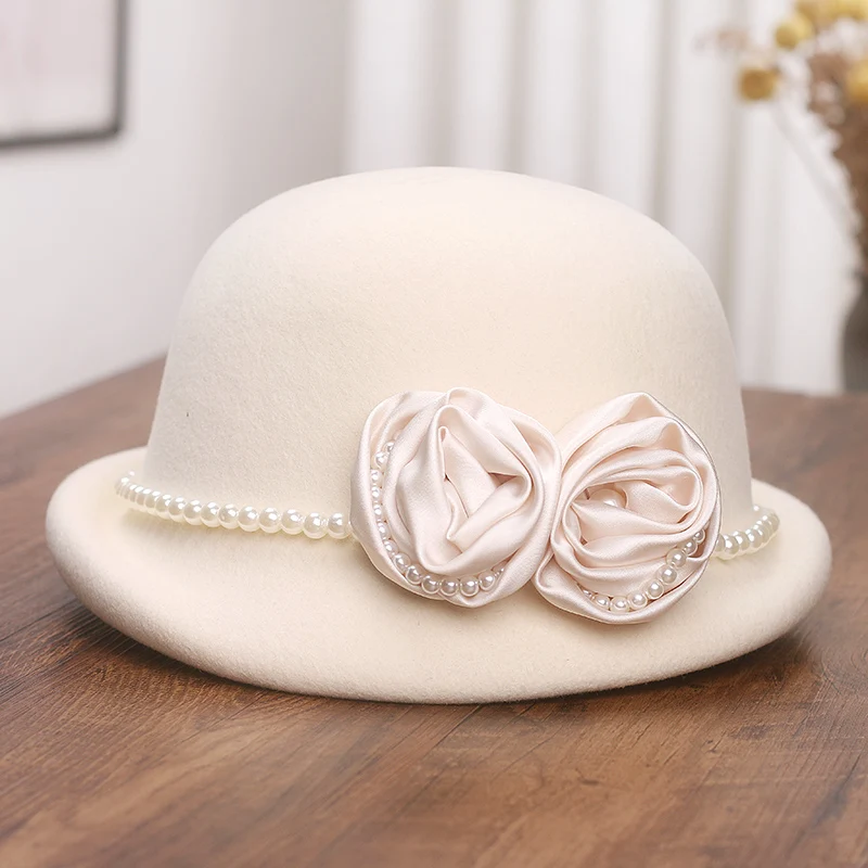

Шерстяная шляпа для бассейна во французском стиле Хепберн с жемчужным цветком, женская осенне-зимняя элегантная рыбацкая шляпа, загнутая шляпа-топпер