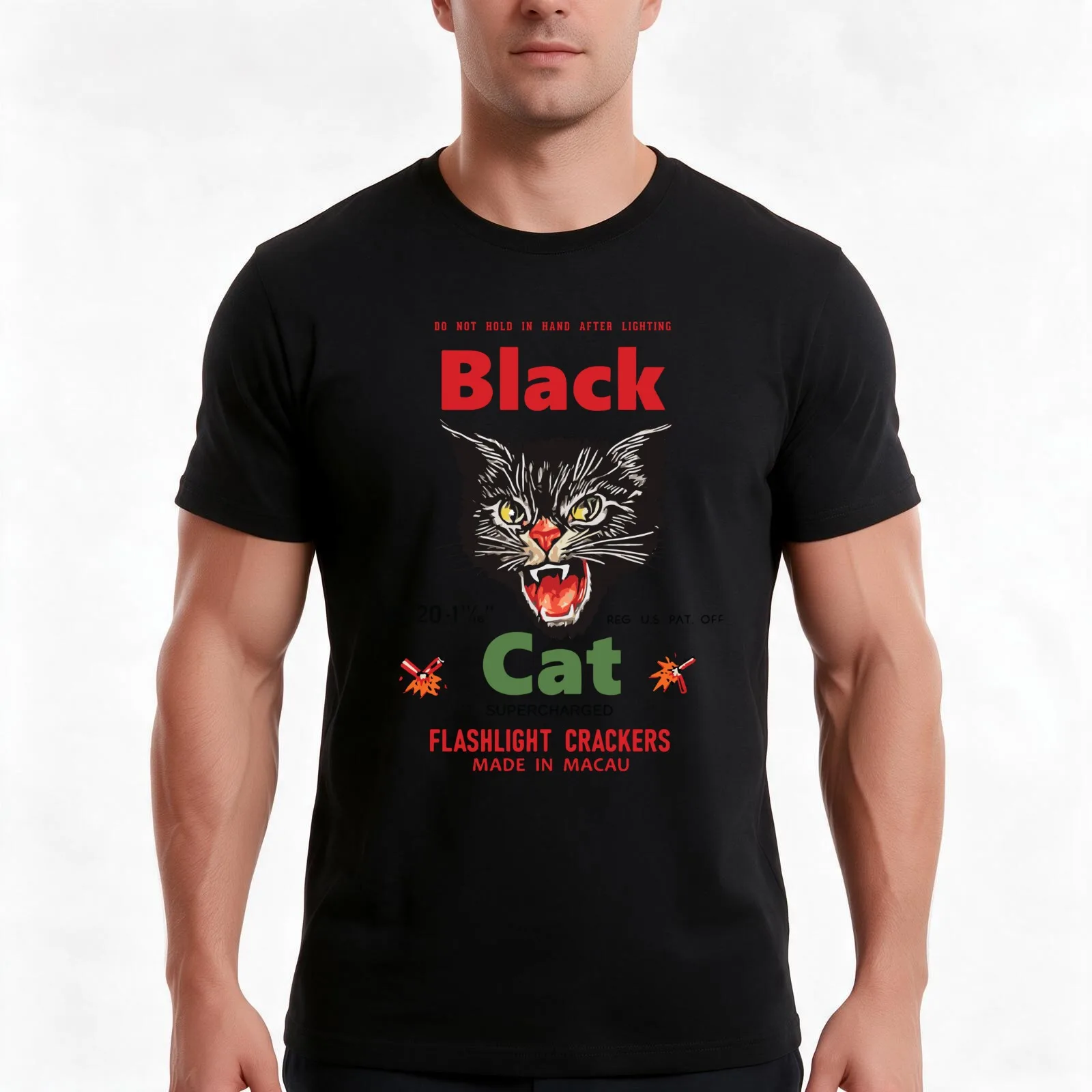 Vintage Black Cat Flashlight Crackers T-Shirt, Summer Casual Cotton Tee, Oversized Streetwear Tops, Vintage Graphic Print