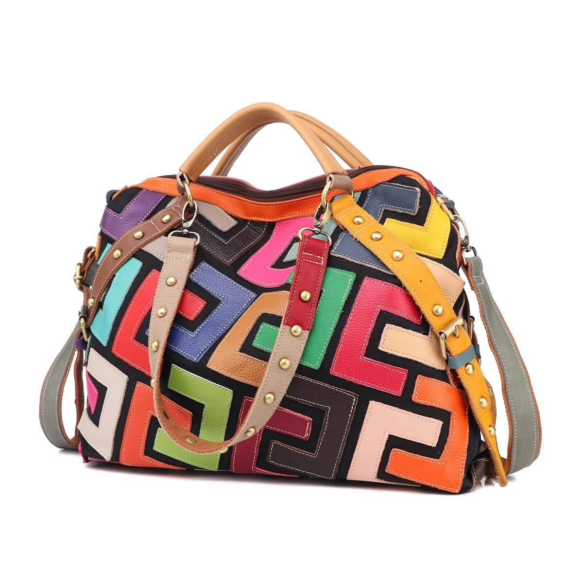 Leather geometric pattern multi-color color patchwork bag riveted handbag shoulder crossbody bag for women