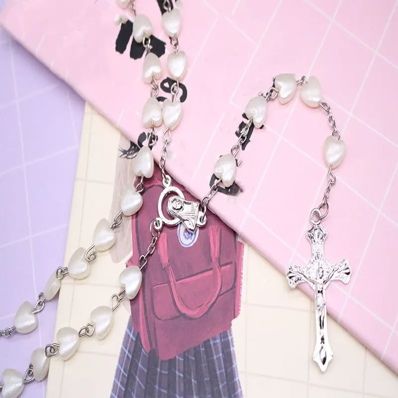 1pcs White Gold-plated Necklace Ladies Faith Cross Pink White Peach Heart Handmade Curved Needle Beads Combination Jewelry image 4