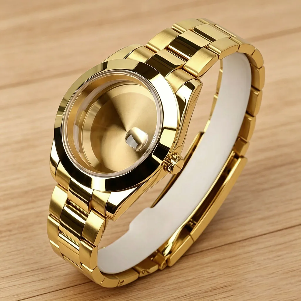 Women's Luxury Gold 36mm/39mm Bevel Edge Watch Case Sapphire Glass For NH34 NH35 NH36/38 Miyota 8215 Movt Polished Oyster Strap