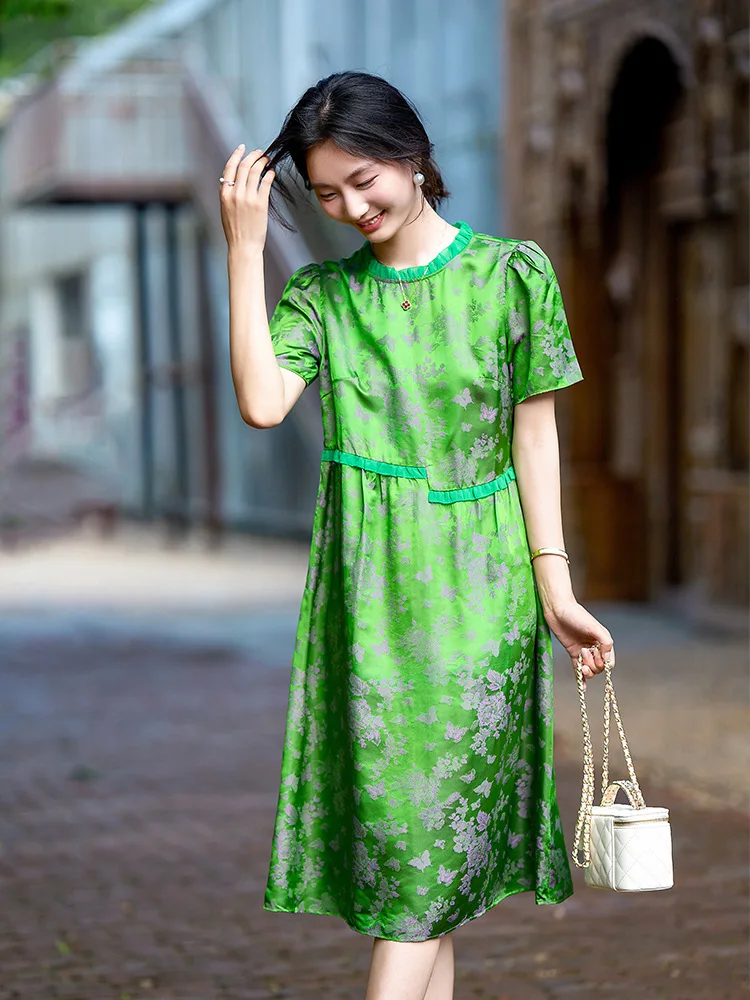 Winsleter-여성 45% 실크 55% 레이온 우아한 드레스, O 넥 반소매 자카드, 복고풍 기질 드레스, 2025 여름 D57169CC